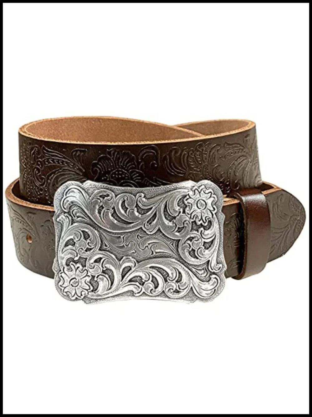 Genuine Leather Belt 1.5 Inch Wide Floral Engraved Buckle Western Style